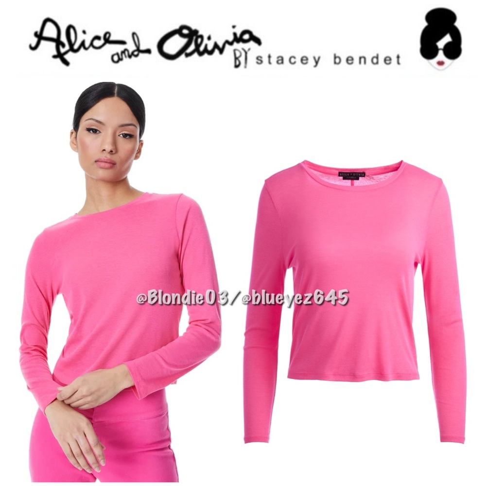 Alice + Olivia Cindy Classic Cropped Long Sleeve Tee in Candy S